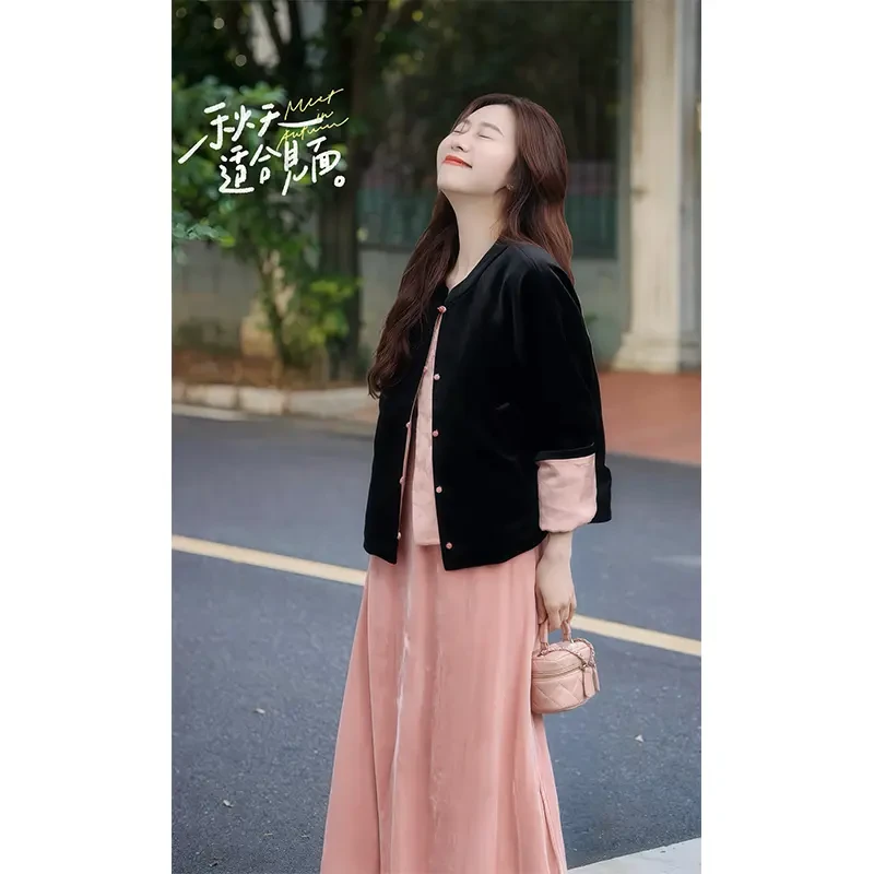 入秋搭配一整套大码胖mm新中式国风盘扣外套半身裙盐系轻熟套装女