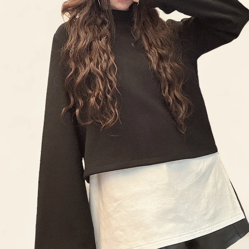 【周周家】长袖定制款简约时尚百搭女士黑色半高领休闲秋冬短款上衣