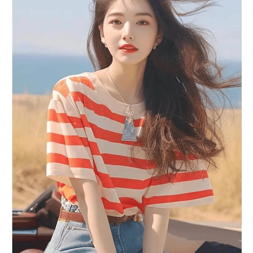 2025夏季韩系chic洋气独特别致漂亮上衣时尚百搭宽松条纹短袖T恤