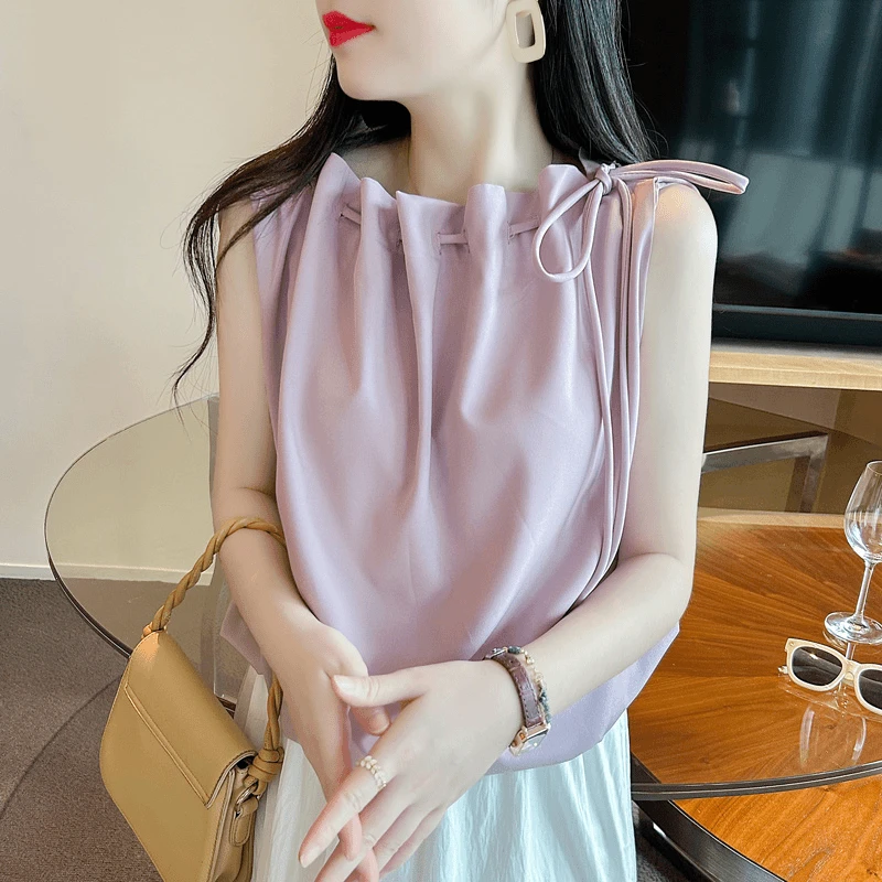 粉色挂脖蝴蝶结系带衬衫女2025新款法式褶皱别致绝美小衫宽松上衣