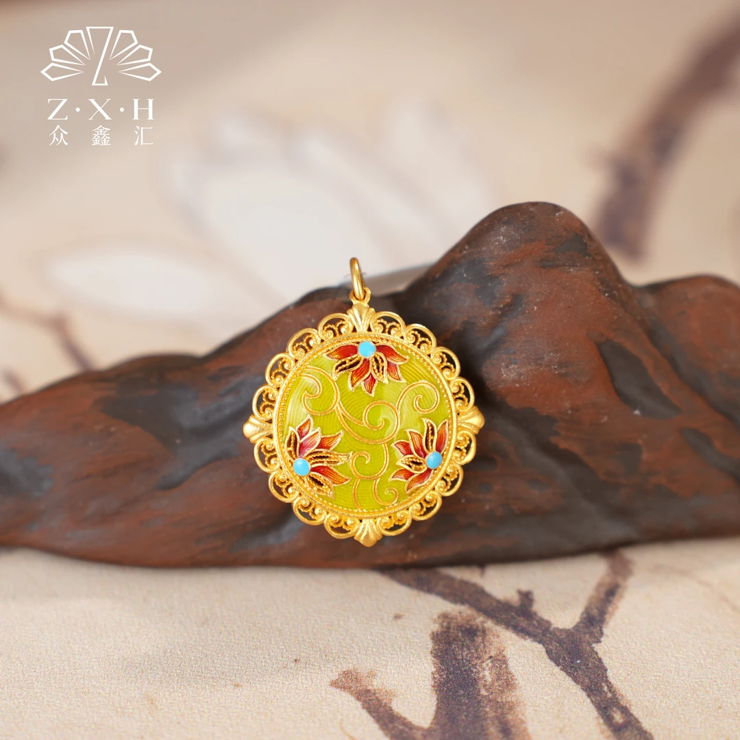 {众鑫汇}足金999 珐琅彩繁花似锦花丝镂空吊坠10.23克