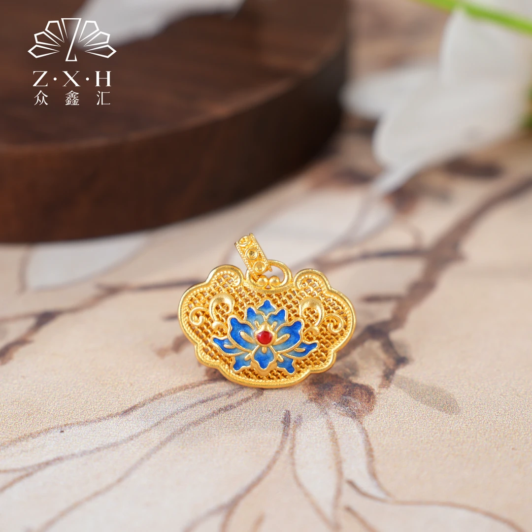 {众鑫汇}足金999 多规格珐琅彩花开富贵如意吊坠5.77克