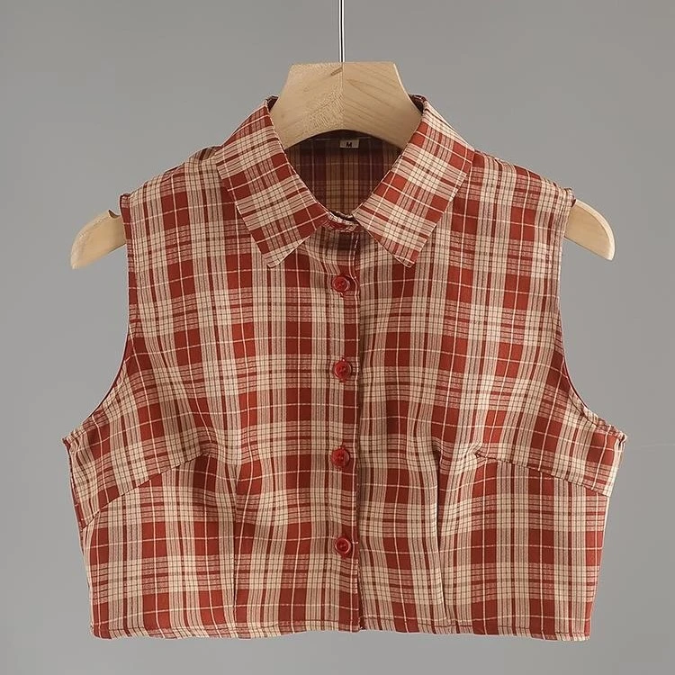 新款韩版假领子女士洋气格子百搭时尚复古休闲秋冬格纹保暖红色