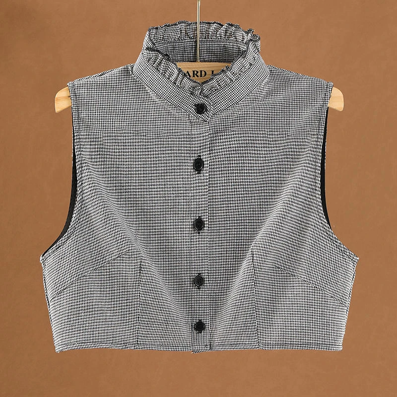 2023新款百搭假领子千鸟格马甲款秋冬韩版花边荷叶领子女休闲时尚