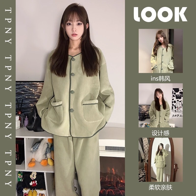 秋冬款小香风纯色珊瑚绒睡衣女款开衫加绒加厚保暖家居服大码套装