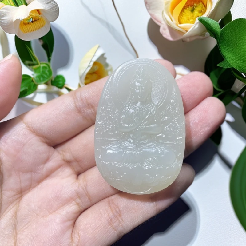 天然和田玉白玉观音牌子吊坠男女款玉石中国风汉服潮流挂件坠