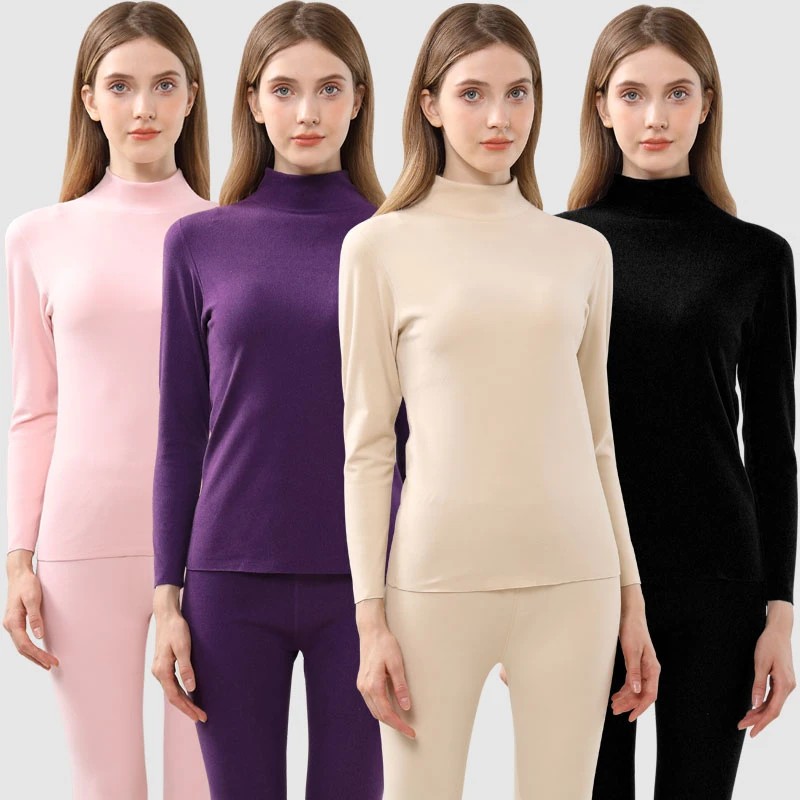 女士德绒中高领保暖内衣套装牙签条修身秋衣秋裤无痕加绒加厚秋冬