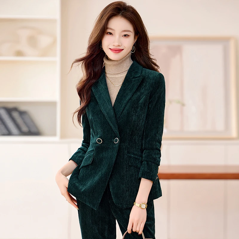 墨绿色加厚西装套装女2024秋冬新款百搭高级设计感亮闪西装套装