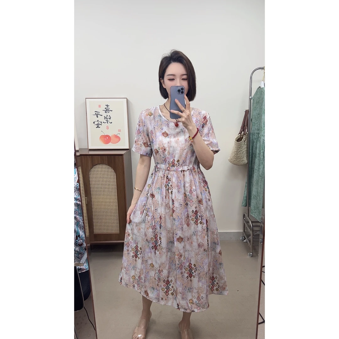 10062#夏季冰凉气质长款简约时尚大摆连衣裙2023新款显瘦收腰洋气