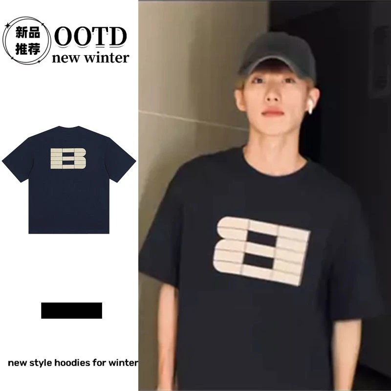 夏季重磅纯棉短袖T恤潮牌高级感短袖T恤男女藏青色小众简约字母