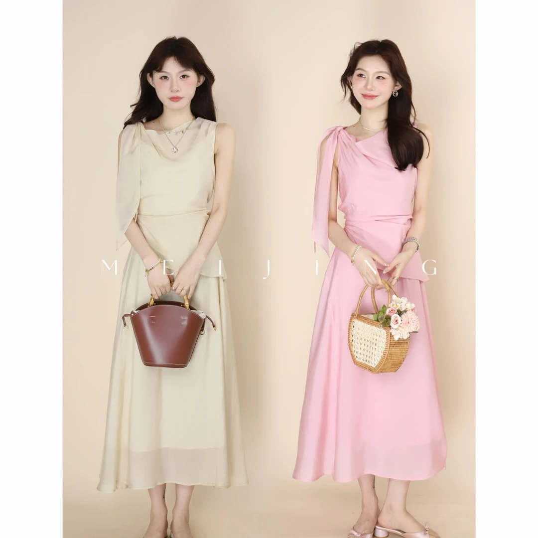 美静【夏荷】粉色天丝连衣裙XMZH3946（清）