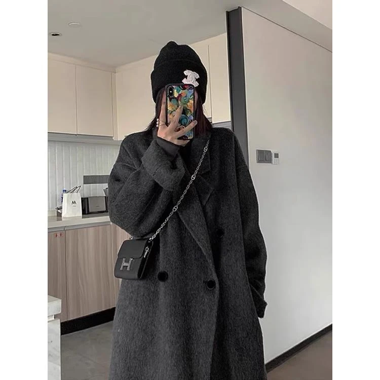 高级感黑灰色双面呢子大衣女2024秋冬新款气质慵懒风加厚毛呢外套