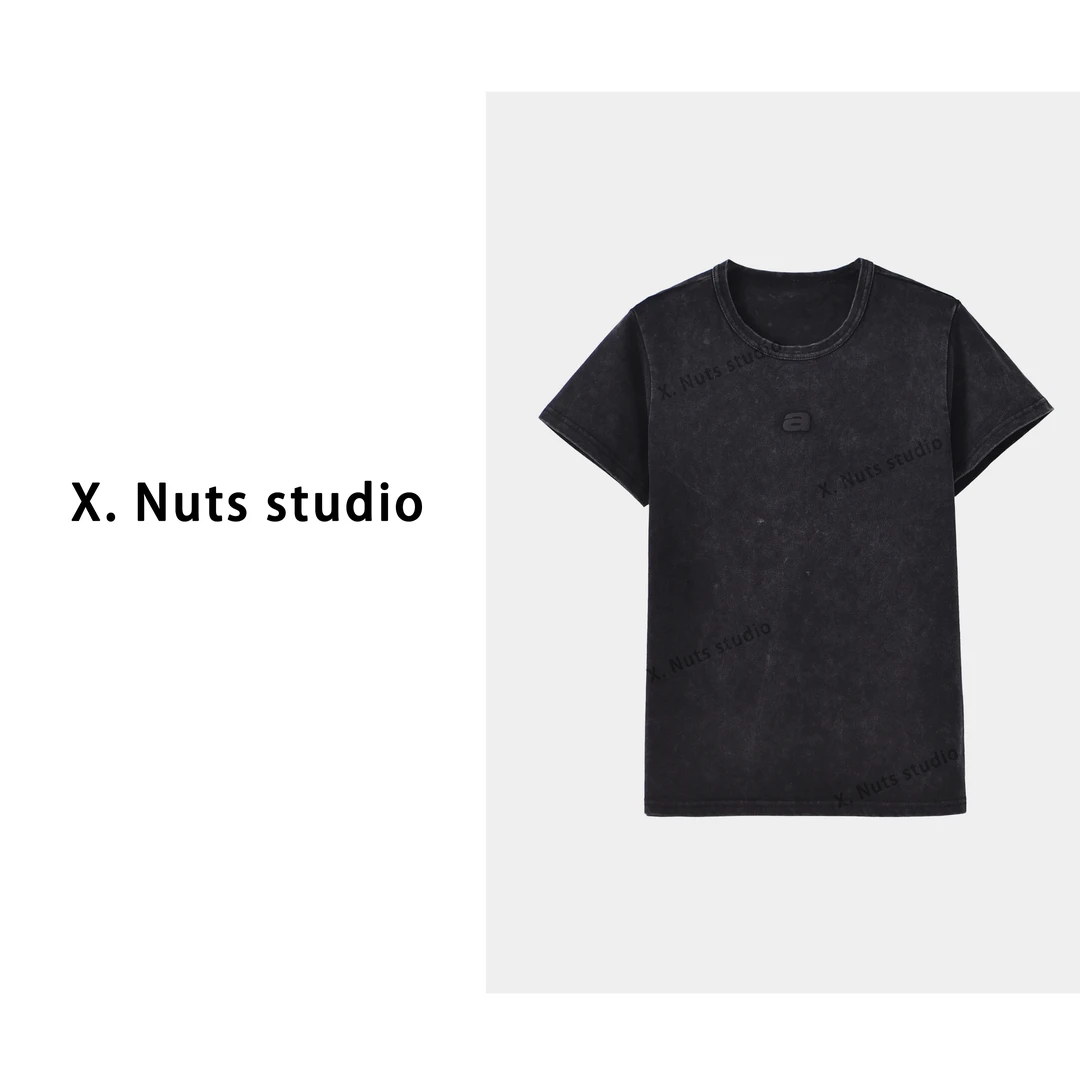 “X.Nuts-A调时光”夏季新款轻奢美式复古水洗发泡字母圆领棉T恤女