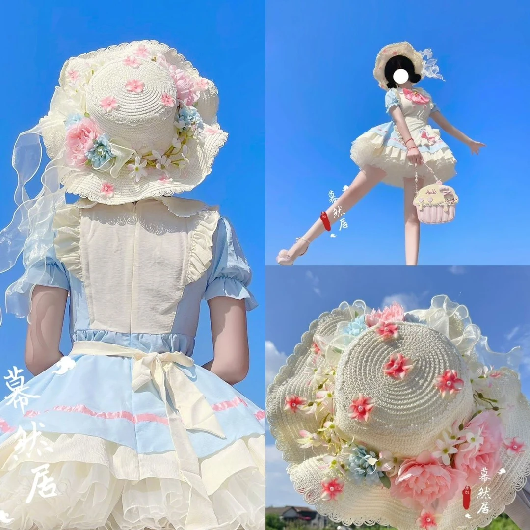 遮阳帽太阳帽古风绢花草帽女夏出游沙滩防晒遮阳帽子汉服百搭海边