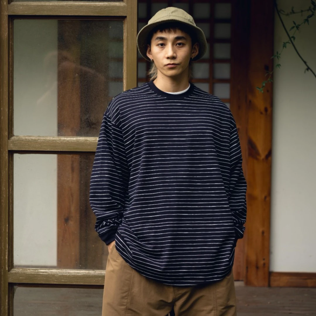 VANIDLES日系复古CityBoy手绘条纹T恤 圆领宽松男女情侣长袖T秋季