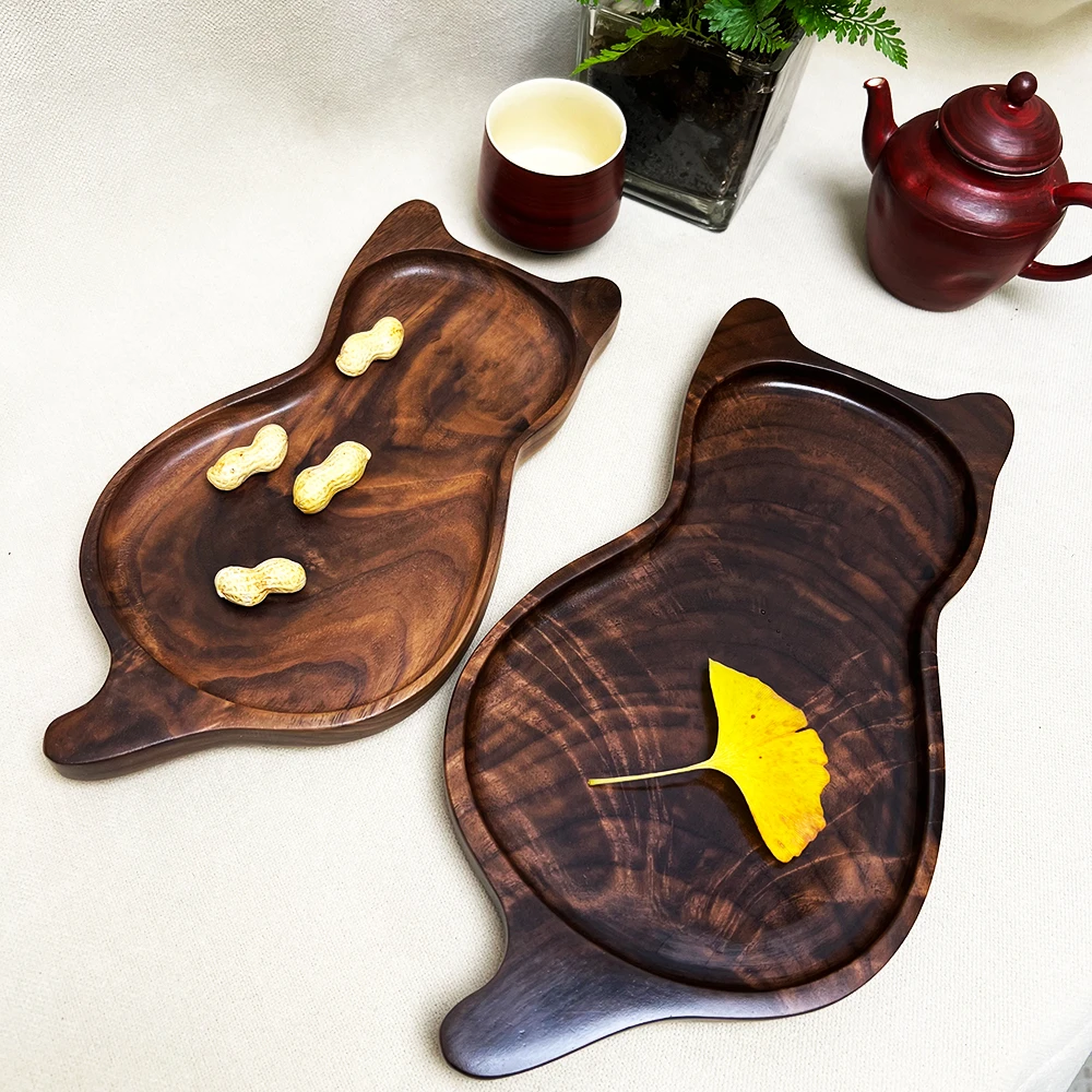 黑胡桃木雕刻茶盘干果零食盘收纳盘大小猫盘（一物一拍直播间为准）