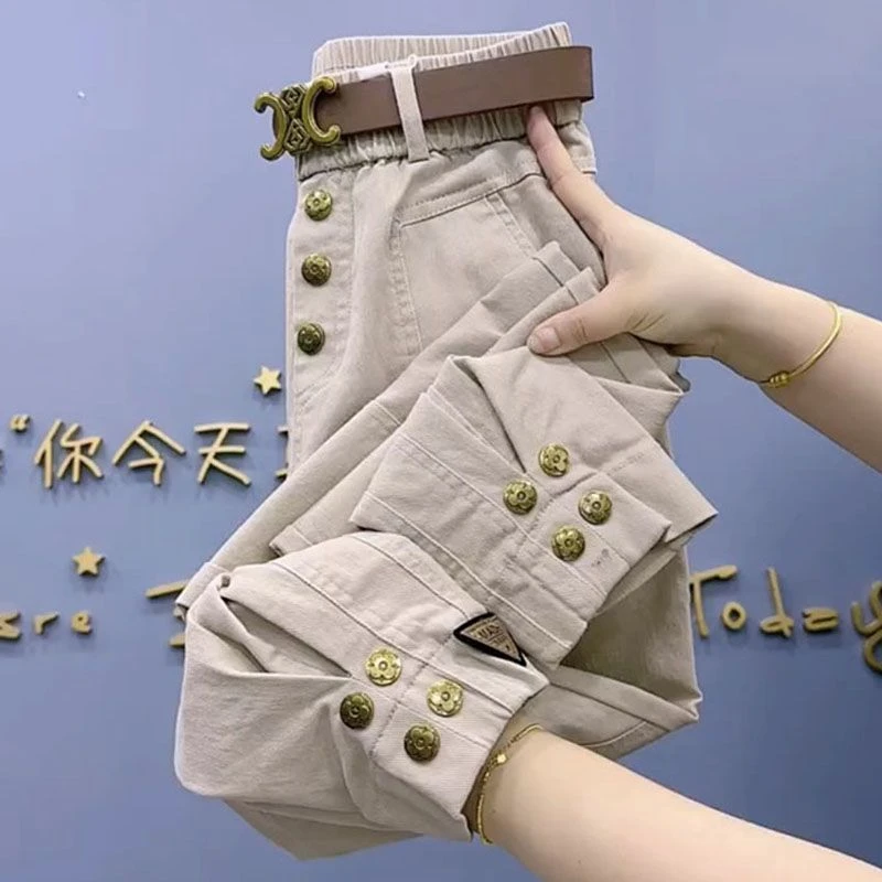 胖mm高腰显瘦牛仔裤女春秋新款洋气百搭休闲束脚小个子工装哈伦裤