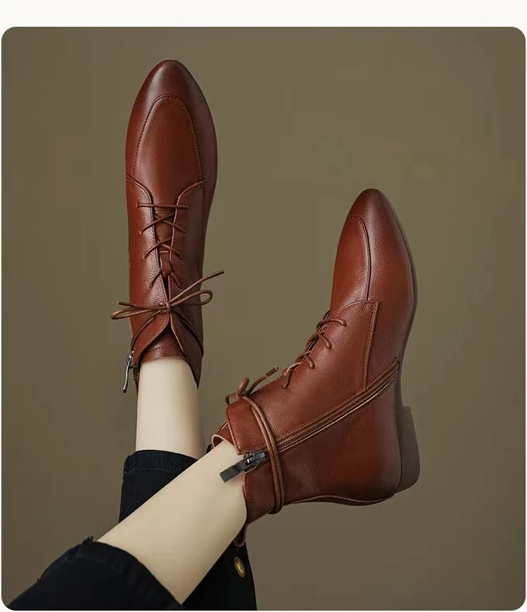 头层牛皮尖头平底马丁靴软皮软底百搭短筒靴