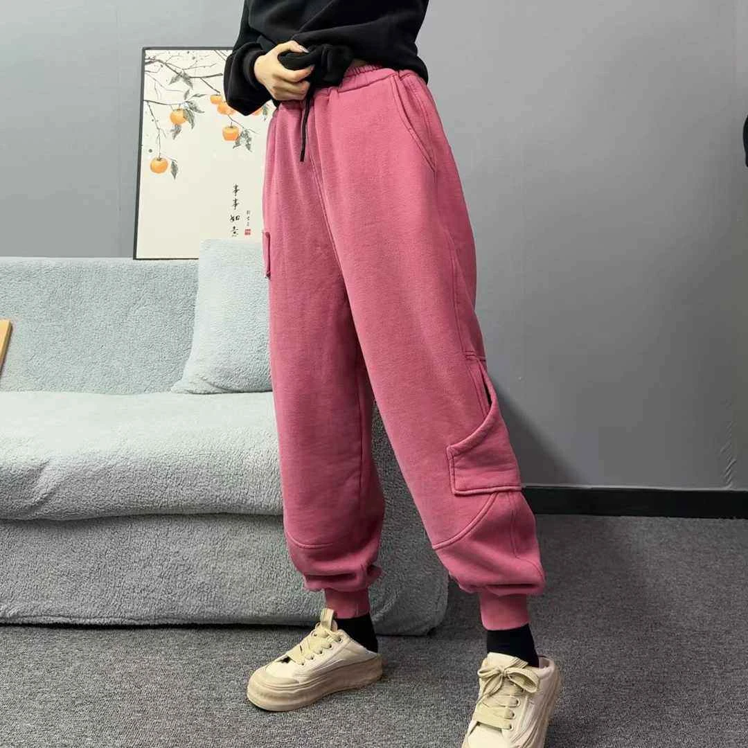 2024冬季女士百搭显瘦宽松休闲加绒束脚加厚绒卫裤休闲裤