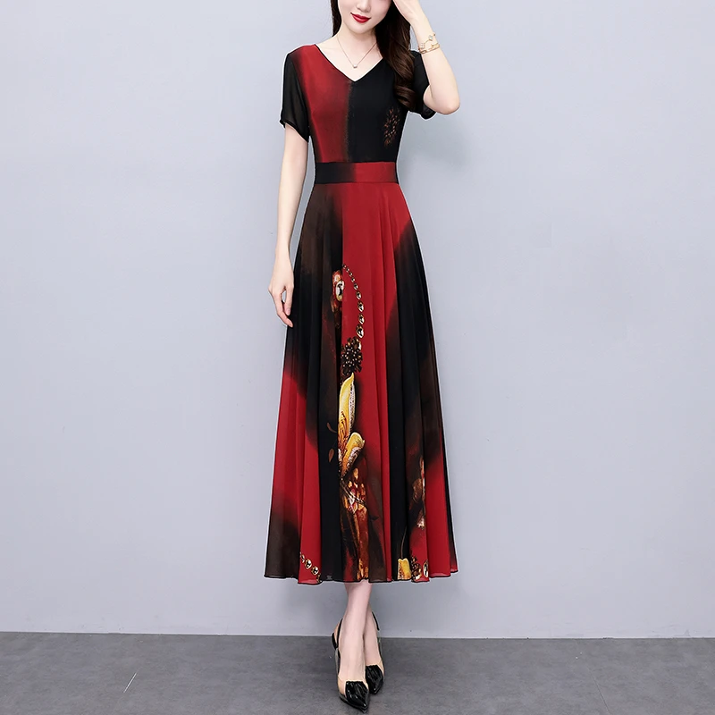 2025夏季新款雪纺碎花女装连衣裙大码胖mm收腰显瘦遮肚气质长裙子