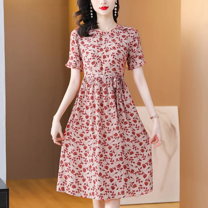 2025新款重磅真丝连衣裙女中长款洋气修身显瘦桑蚕丝碎花a字裙子