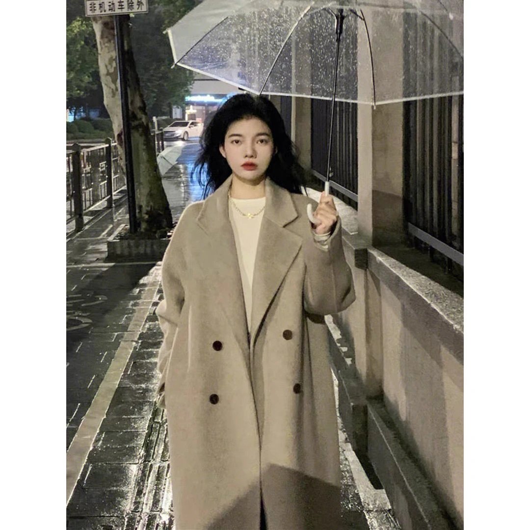 2236 HD秋冬韩版宽松过膝中长款大衣百搭学生双排扣英伦毛呢大衣