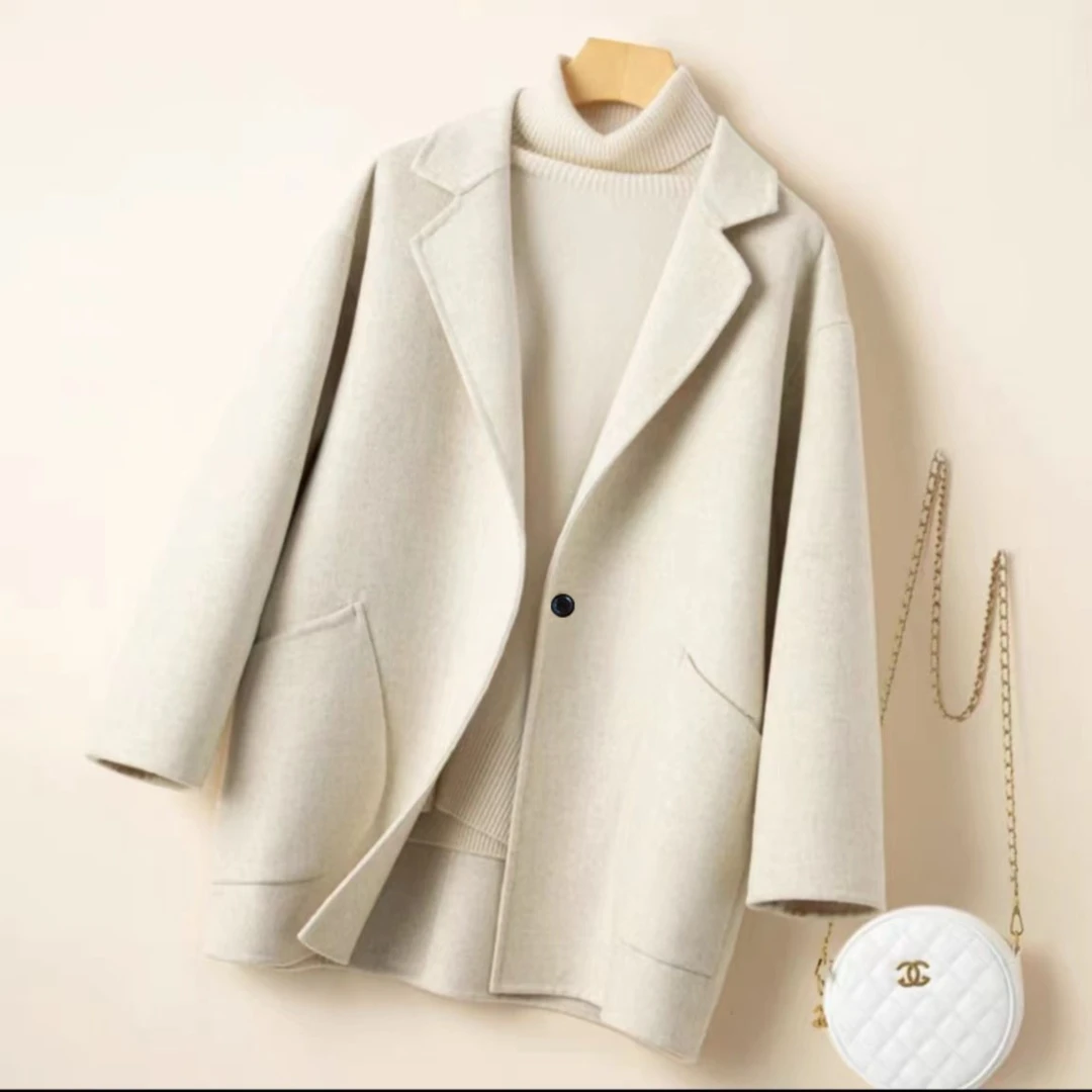 1088秋冬季新款毛呢短外套小个子时尚中长款双面呢大衣保暖抗风