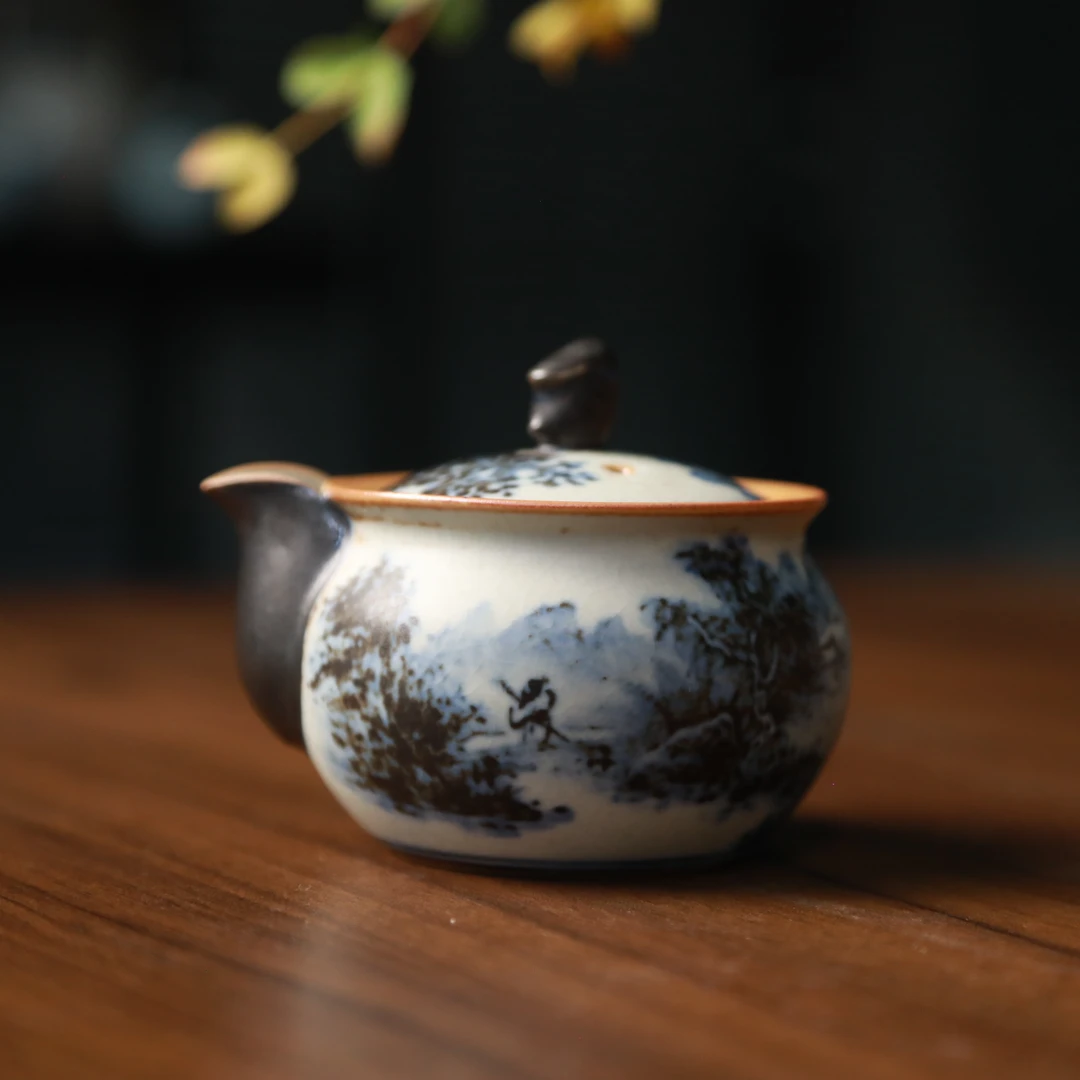 朴云堂 青花山水手抓壶大雁 中式纯手工手制精美茶道复古创意青花