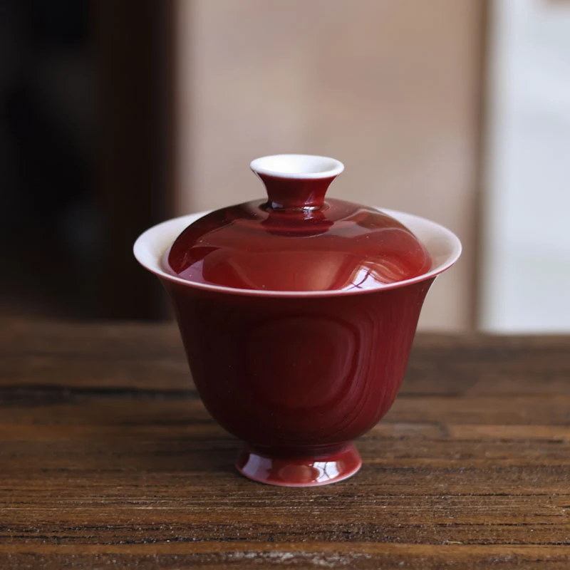 *斋居盖碗-宝石红陶瓷家用室用创意胭脂红茶道茶器仿古风复古创意