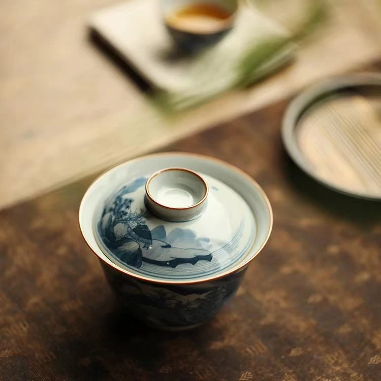 *斋居弥云青花山水盖碗陶瓷家用手工复古创意茶道茶具小田月月
