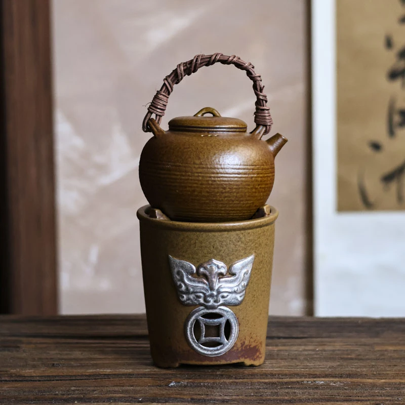 斋居 灰念酱釉提梁兽面纹套组容量350CC 炉子高11CM（Q2920）