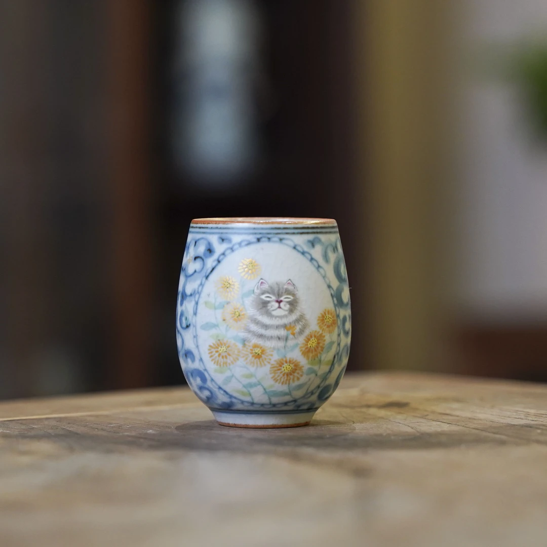 斋居 祥云开窗猫咪-朴云堂-腰鼓杯（朴杯0184）