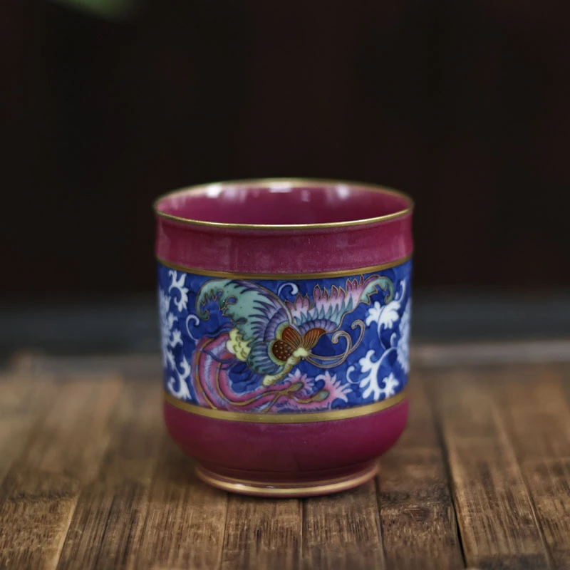 斋居 玫瑰红青花加彩凤尾蝶-华隐堂-主人杯-110ml（华隐S0684随机）