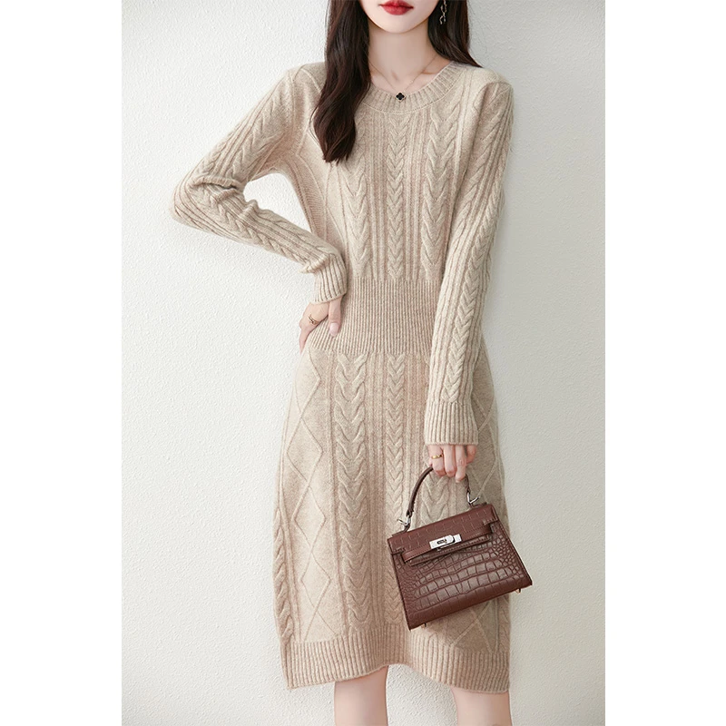 洋气减龄~100羊毛纯羊毛修身连衣裙H版型麻花款式