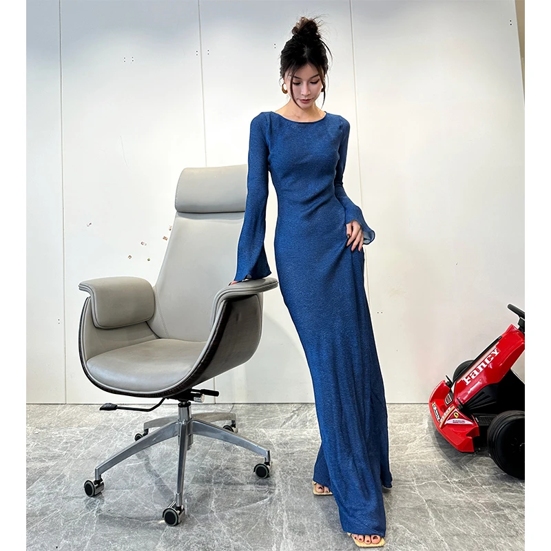 【蓝色大海的传说】修身秋冬长袖气质圆领长秋季连衣裙83109