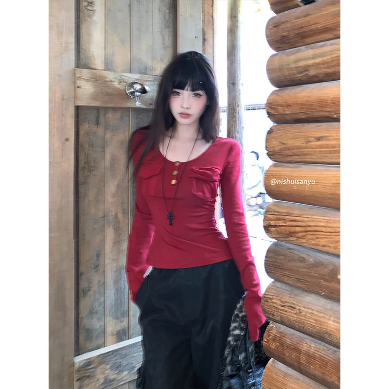 溺水三鱼【叛逆缪斯】秋冬款修身长袖打底衣显瘦气质复古红色T恤