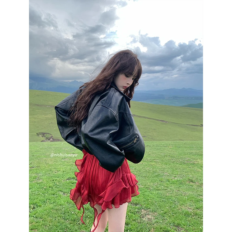 溺水三鱼【卡昂展馆】黑色时尚百搭小众设计ins复古廓形皮衣