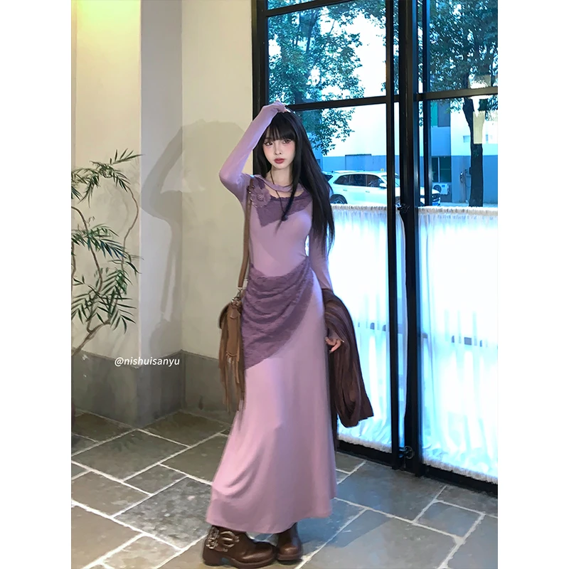 溺水三鱼【曼丁慕紫】秋季辣妹紫色连衣裙显瘦气质长袖裙子修身长裙