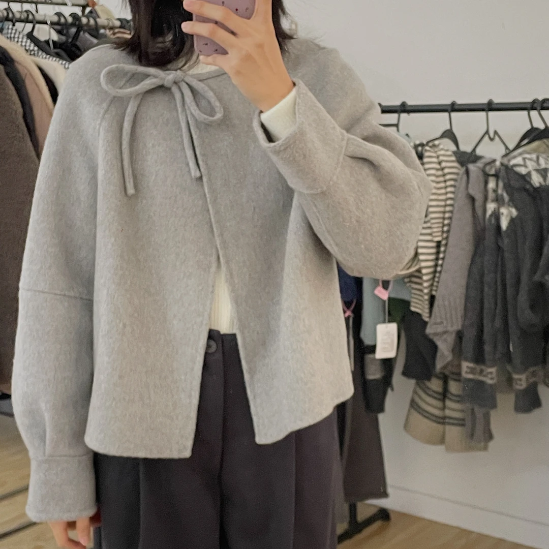 美芽 12月6日10:30am直播上新 【蝴蝶结】短款绑带设计双面羊毛外套