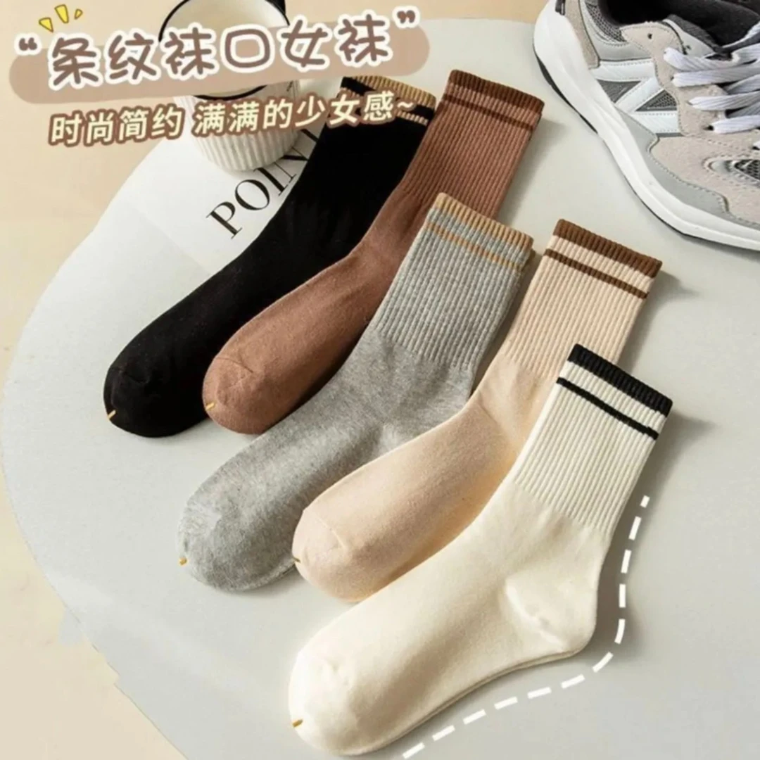 【5双】袜子女士中筒秋冬季棉袜纯色款运动堆堆袜长筒ins潮女袜暖