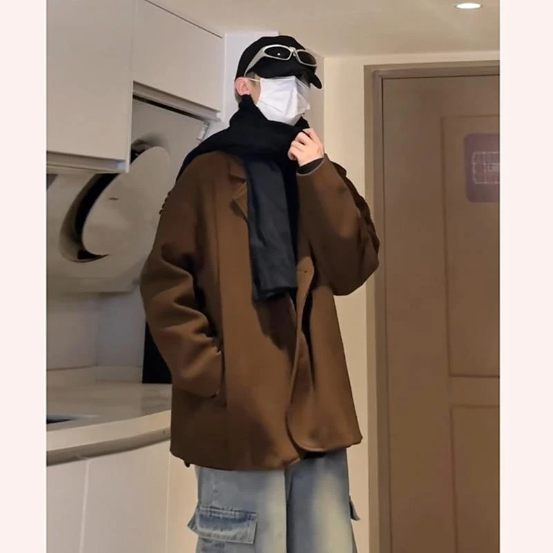 celanfit棕色短款毛呢大衣男春秋季韩系高级感西装夹克呢子外套潮