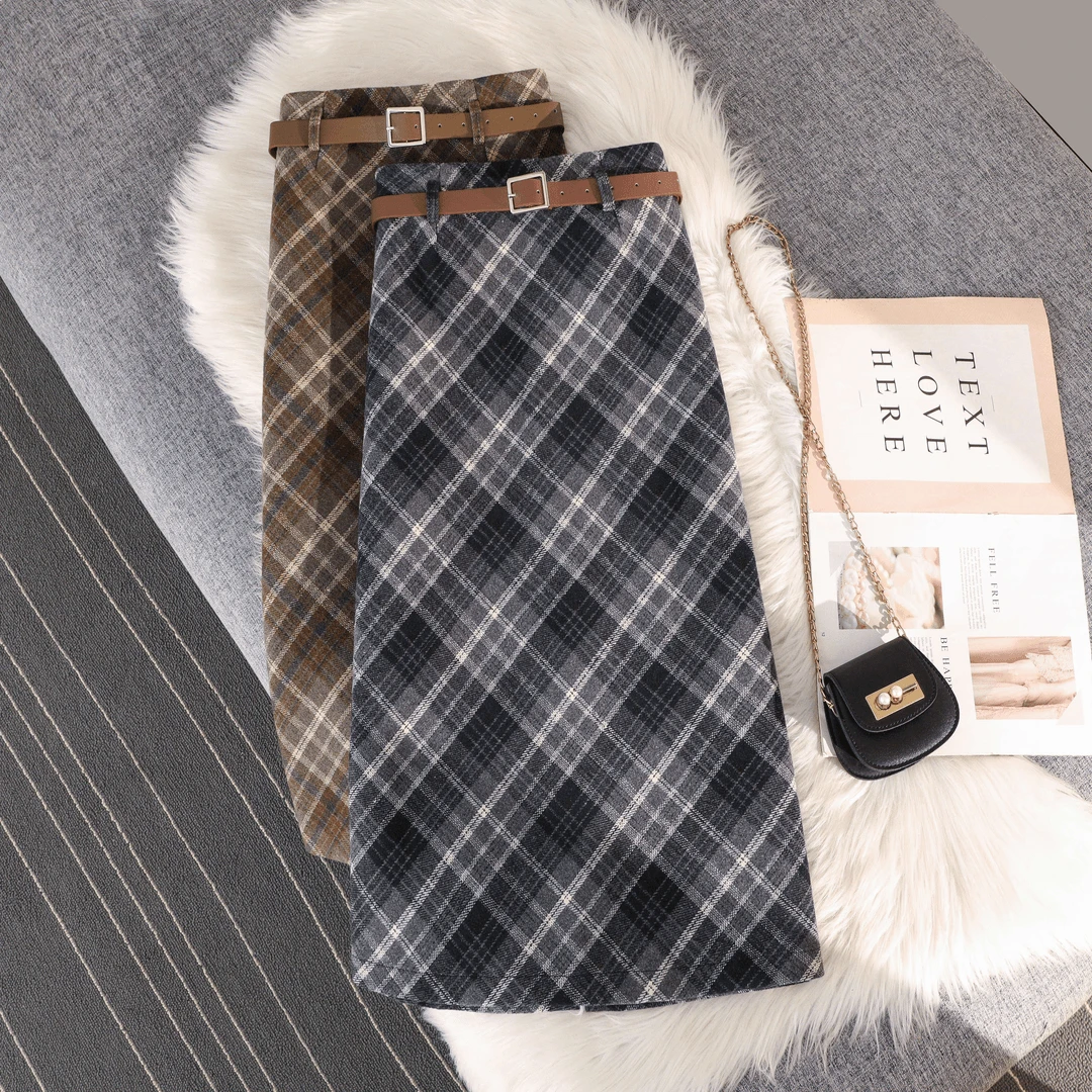 【不扎人】复古格子毛呢半身裙女新款高腰显瘦开叉中长款a字包臀裙