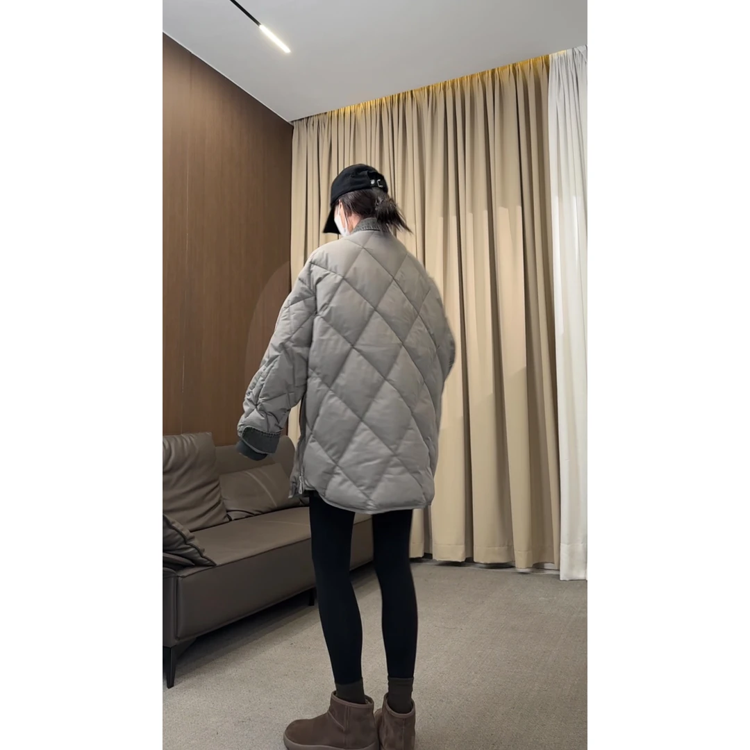 硕哥菱格牛仔拼接棉服休闲百搭时尚潮流宽松设计款外套 22599