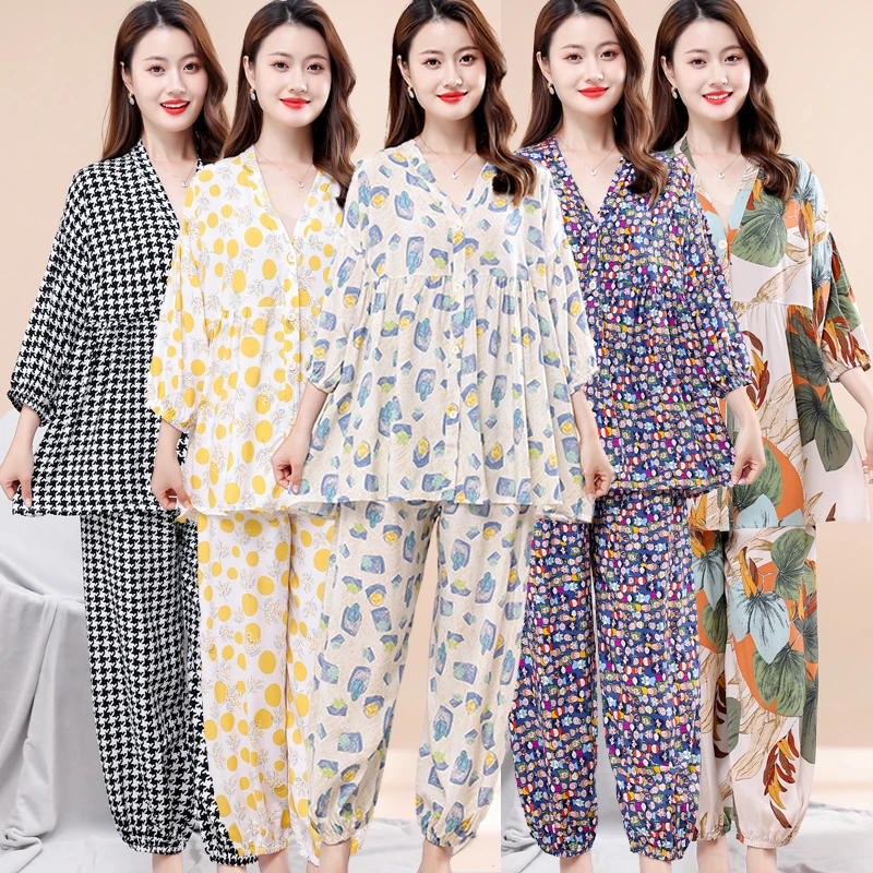 棉绸睡衣女夏季薄款网红大码家居服绵绸套装空调服人造棉两件套