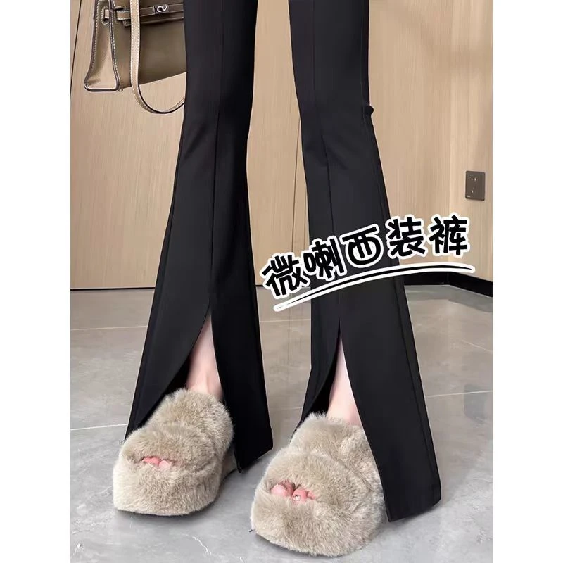 黑色喇叭裤女秋季高腰垂感显瘦修身休闲开叉西装微喇马蹄拖地裤子