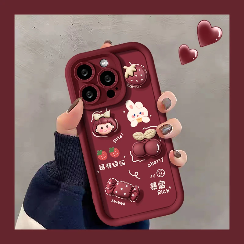适用苹果15手机保护壳14promax红色新年女款iPhone13暴富公仔11/1