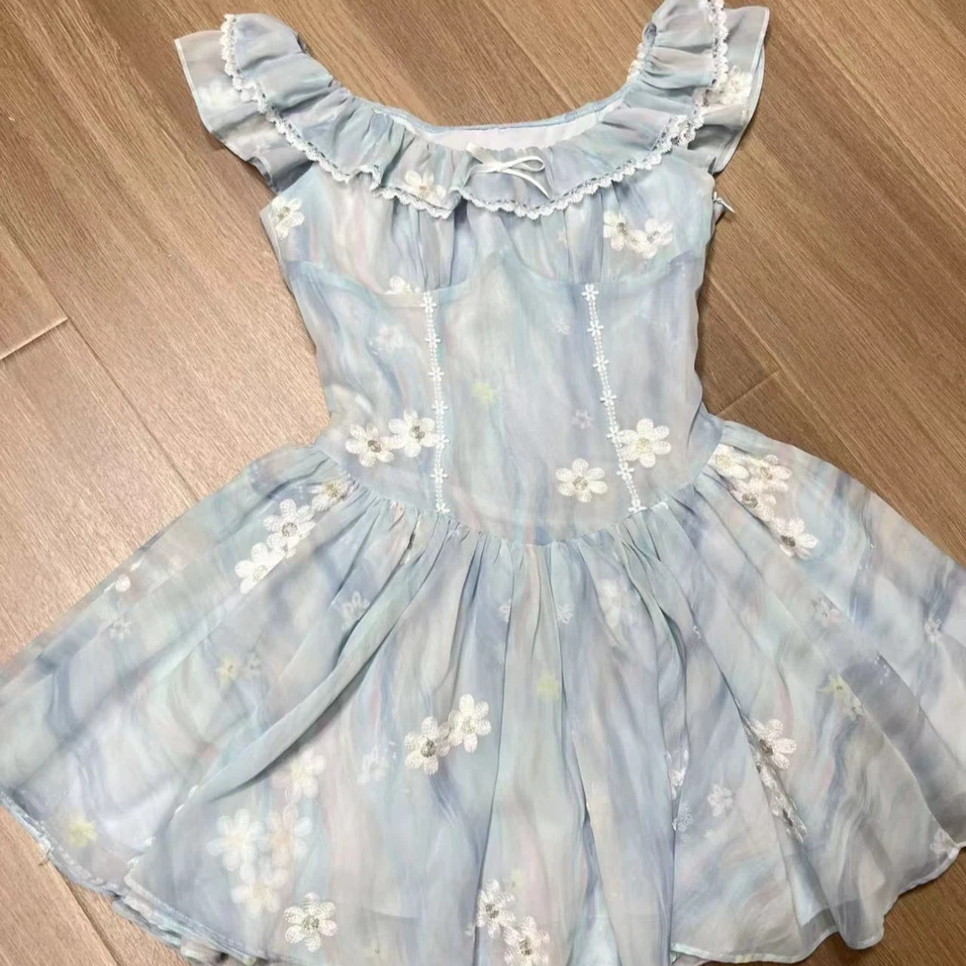 YIWANYANG 蓝调莺歌 法式花边方领浪漫炫蓝色刺绣碎花蓬蓬连衣裙