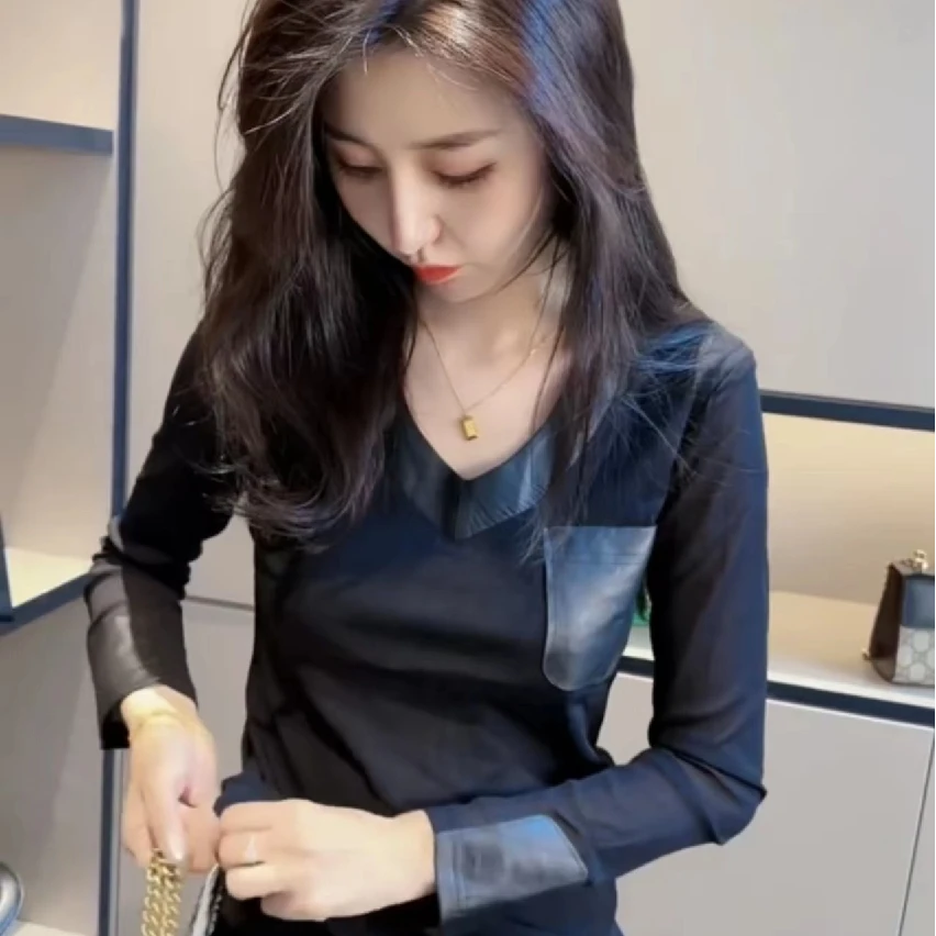 2001V高领T恤打底衫拼接真皮修身打底衫显瘦四面弹力领显瘦小衫