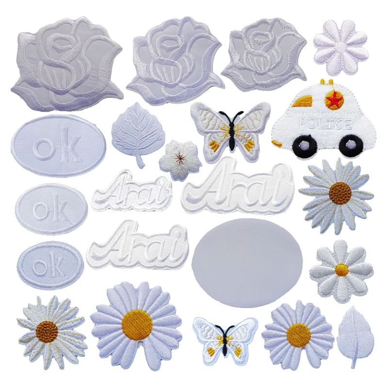 刺绣玫瑰花白色叶子布贴大中小号贴羽绒服裤子被套贴修补烟洞贴花