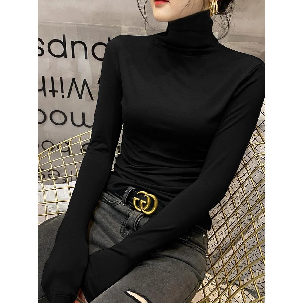 黑色莫代尔堆领长袖2023新款秋冬薄款上衣女款打底衫爆款打底高领